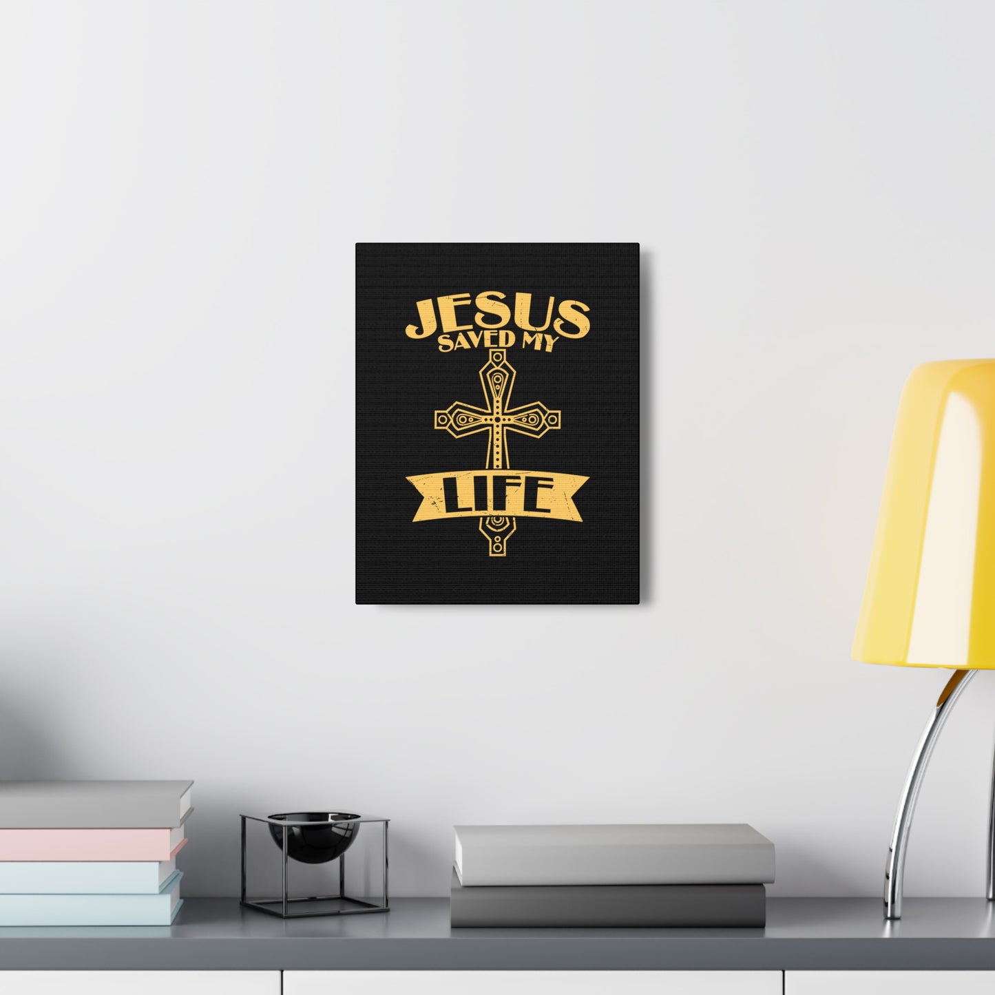 Jesus Saved My Life Acts 16:31 Golden Cross Christian Wall Art Bible Verse Print Ready to Hang
