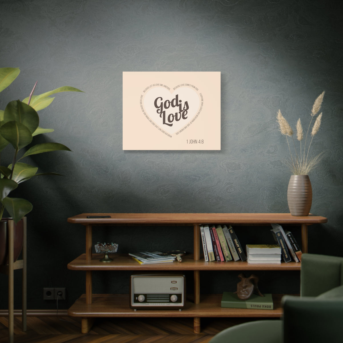 Scripture Canvas God Is Love 1 John 4:8 Light Brown Christian Wall Art Bible Verse Print Ready to Hang