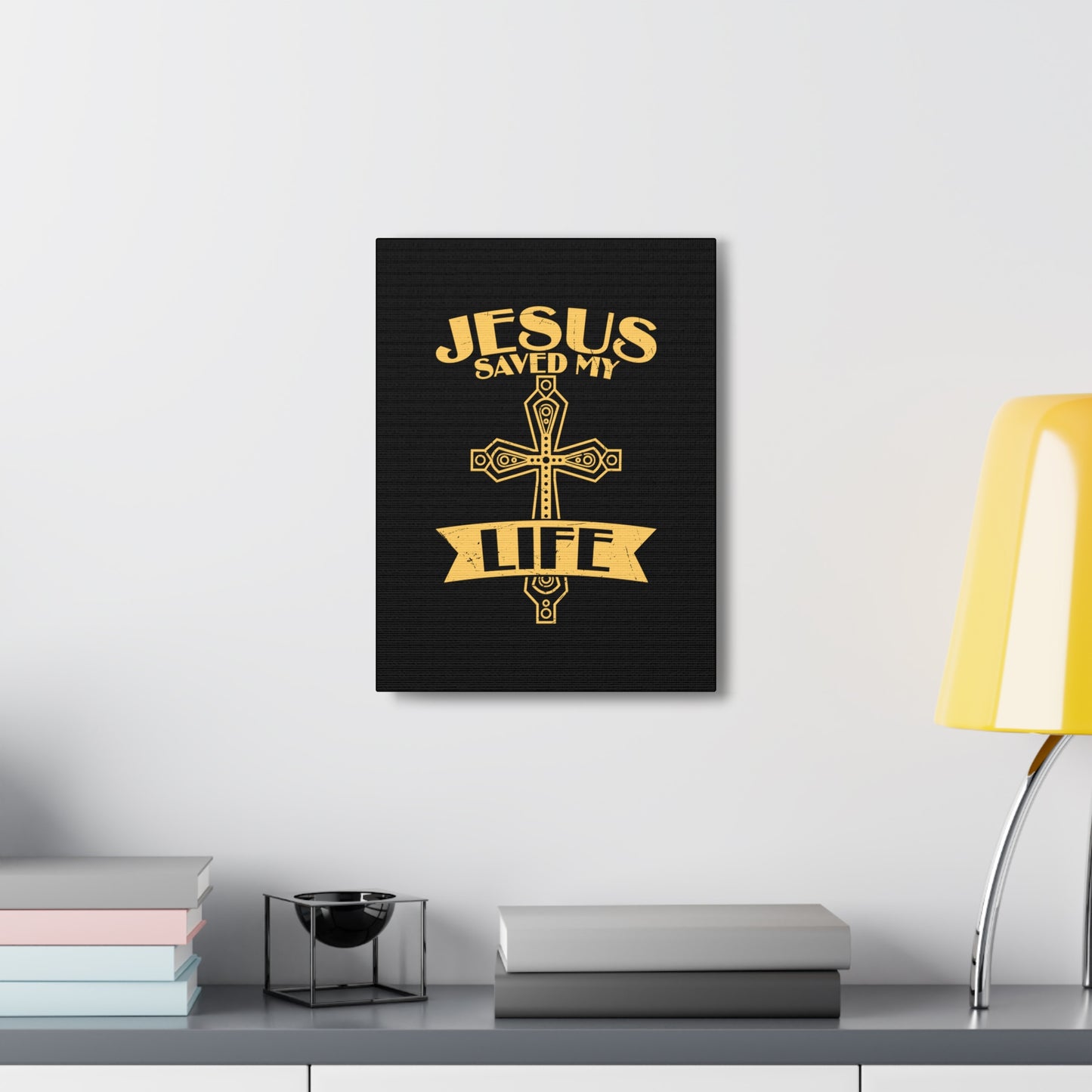 Jesus Saved My Life Acts 16:31 Golden Cross Christian Wall Art Bible Verse Print Ready to Hang