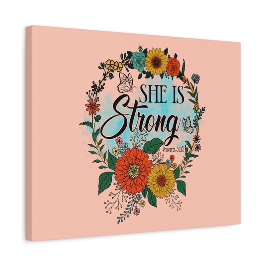Scripture Canvas She Is Strong Peach Proverbs 31:25 Christian Wall Art Bible Verse Print Ready to Hang