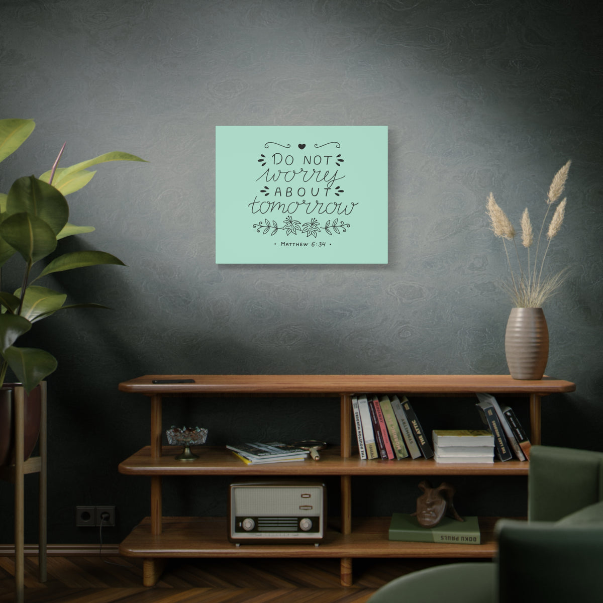 Scripture Canvas Tomorrow Teal Matthew 6:34 Christian Wall Art Bible Verse Print Ready to Hang