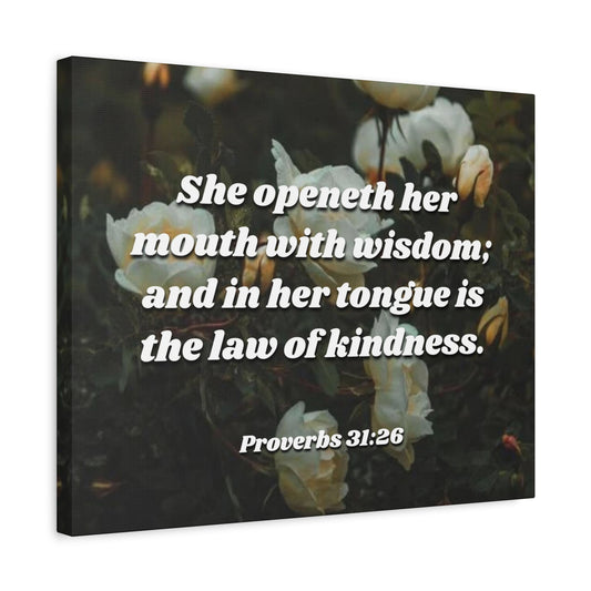 Scripture Canvas The Law Of Kindness Proverbs 31:26 Christian Wall Art Bible Verse Print Ready to Hang