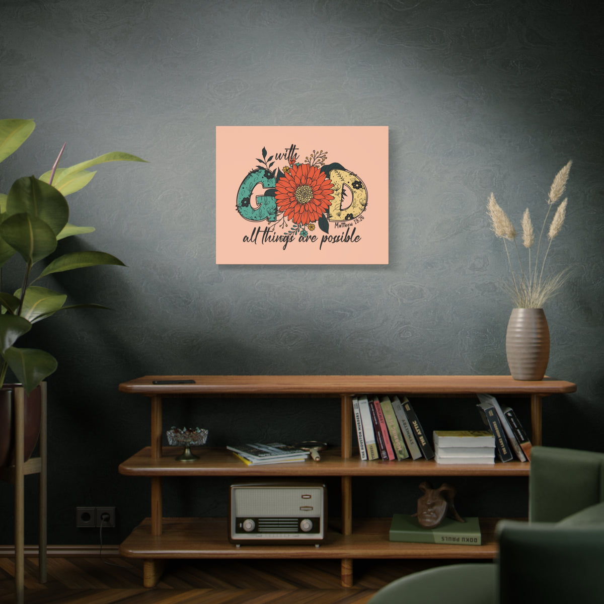 Scripture Canvas With God Mark 10:27 Three Flowers Peach Christian Wall Art Bible Verse Print Ready to Hang