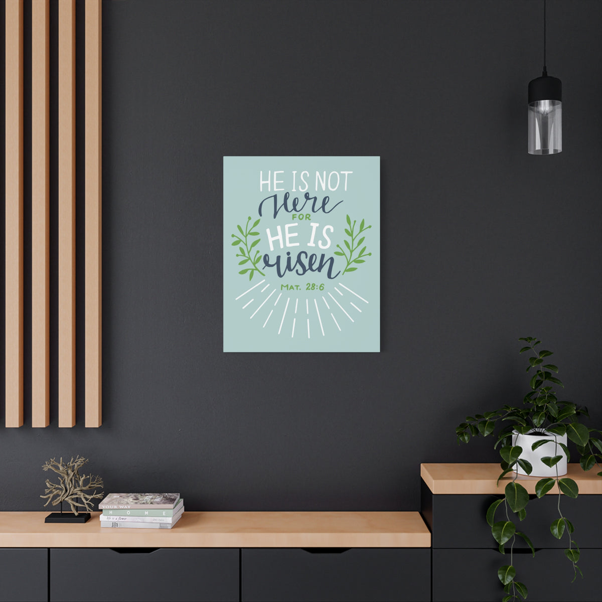 Scripture Canvas He Is Risen Green Leaves Mat 28:6 Christian Wall Art Bible Verse Print Ready to Hang