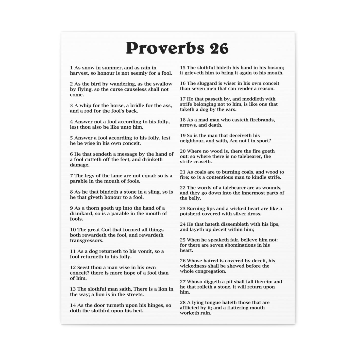 Proverbs Chapter 26 White Bible Canvas Christian Wall Art Ready to Hang Unframed