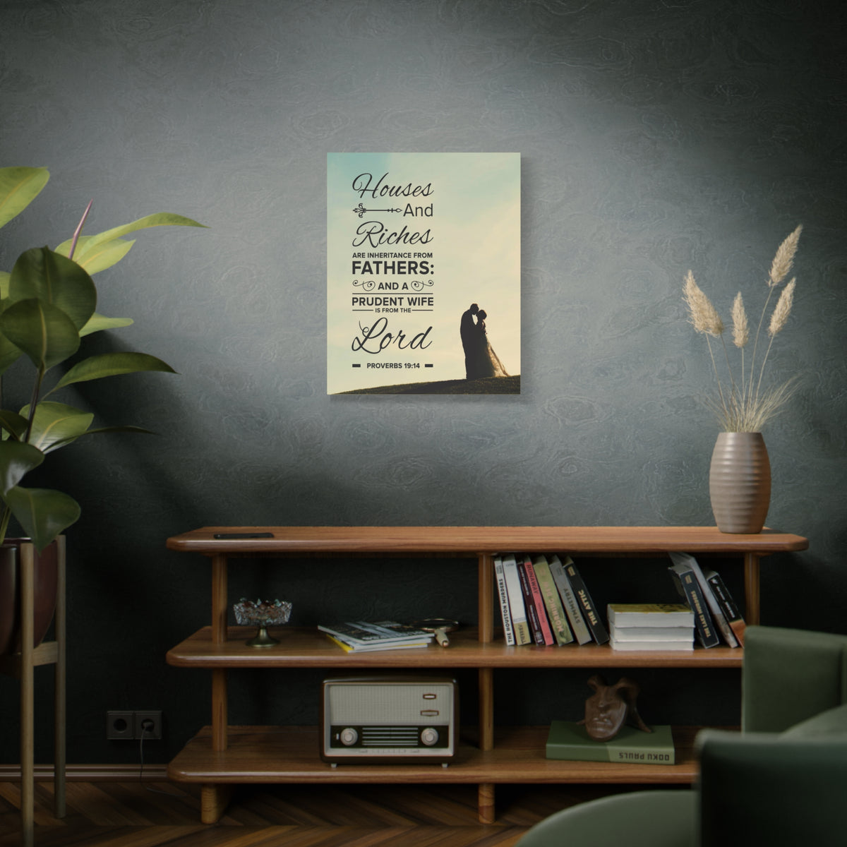 Scripture Canvas House and Riches Proverbs 19:14 Christian Wall Art Bible Verse Print Ready to Hang