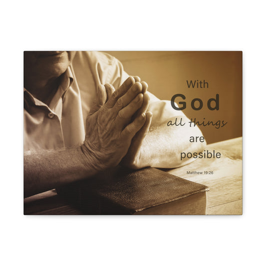 With God Matthew 19:26 Praying Hands Bible Verse Canvas Christian Wall Art Ready to Hang