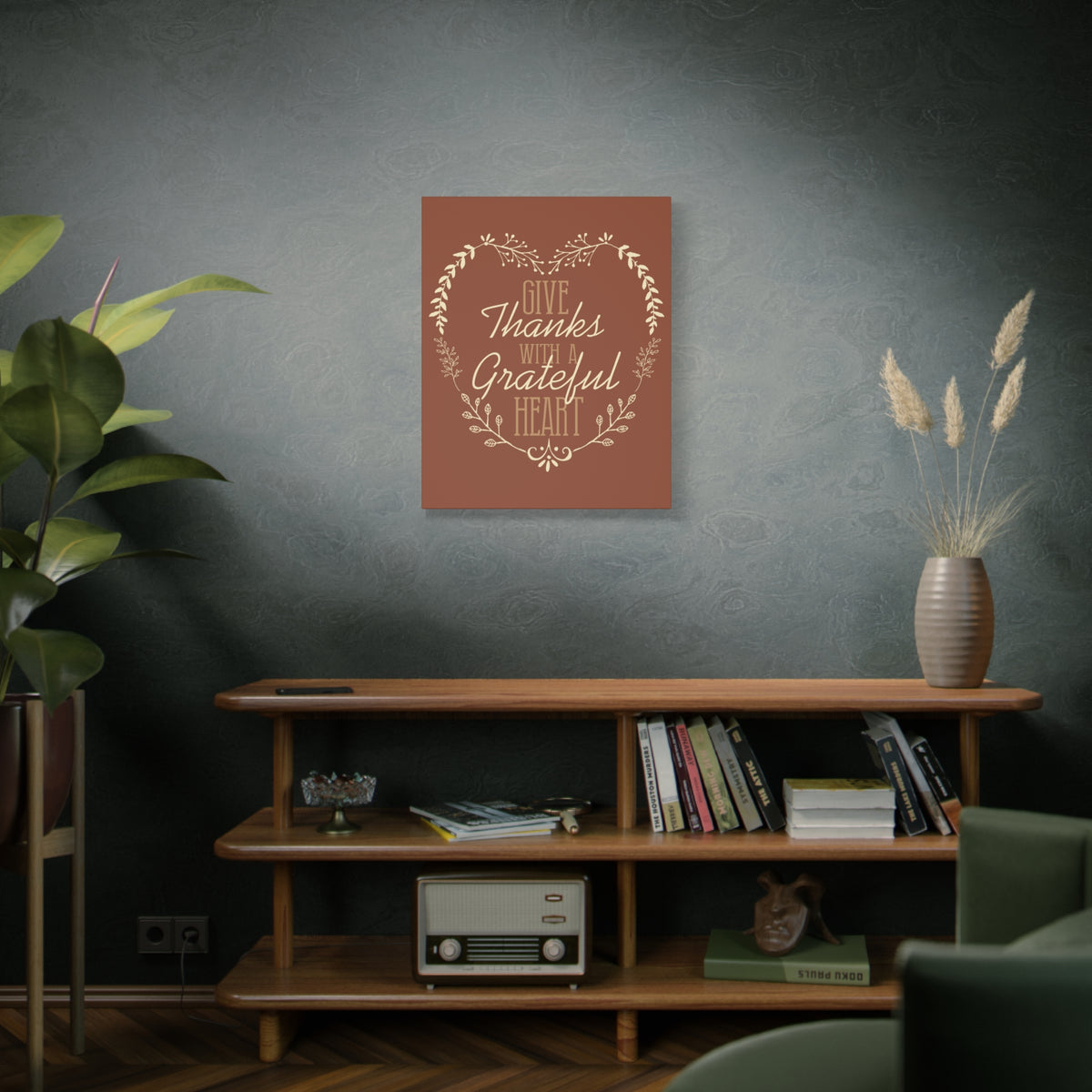 Scripture Canvas Grateful Heart 1 Thessalonians 5:18 Red Brown Christian Wall Art Bible Verse Print Ready to Hang