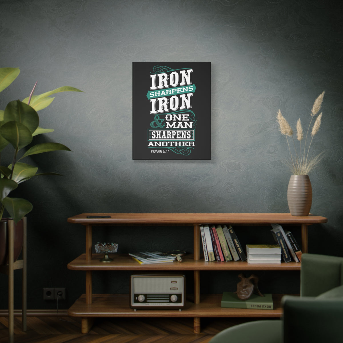 Scripture Canvas Iron Sharpens Iron Proverbs 27:17 Christian Wall Art Bible Verse Print Ready to Hang