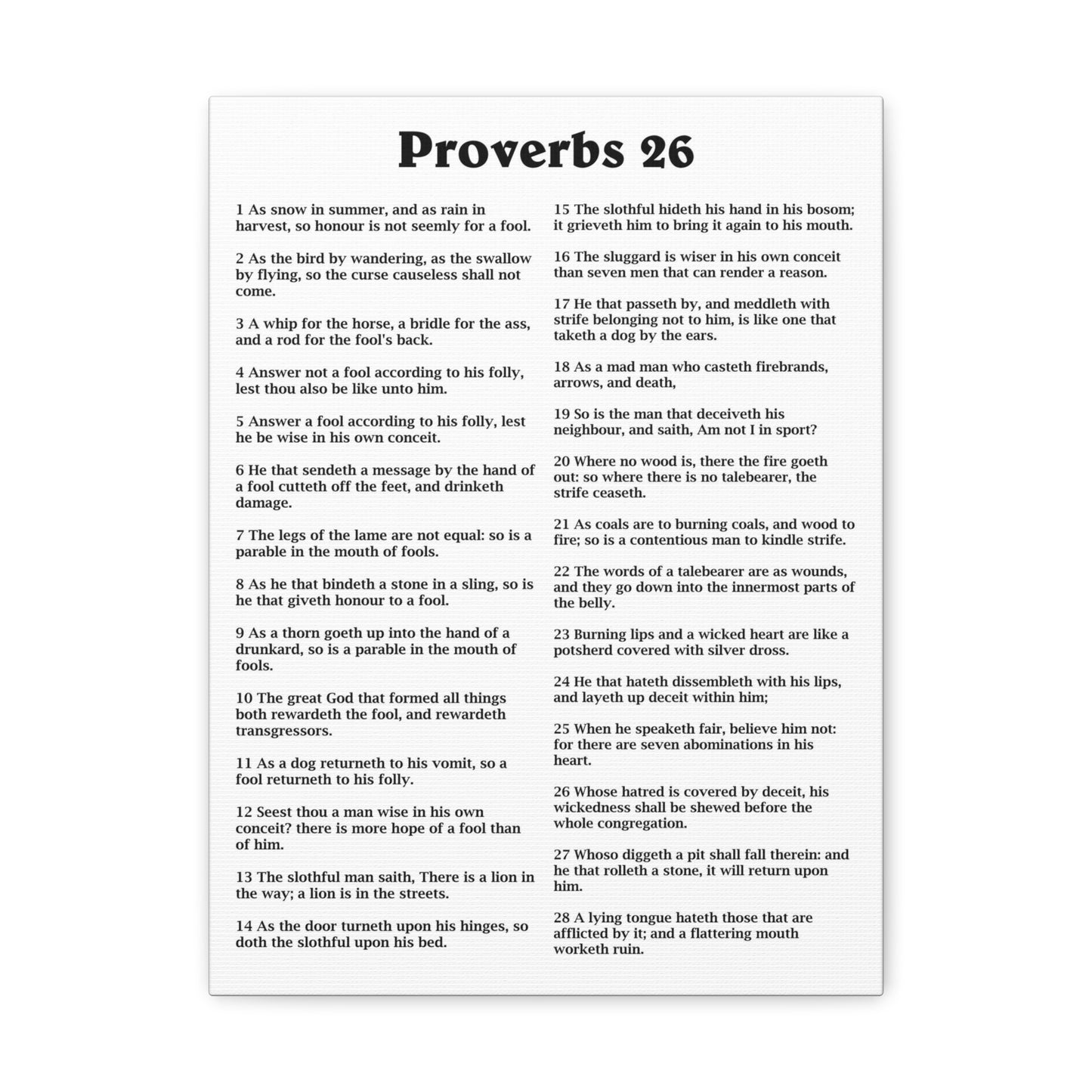 Proverbs Chapter 26 White Bible Canvas Christian Wall Art Ready to Hang Unframed