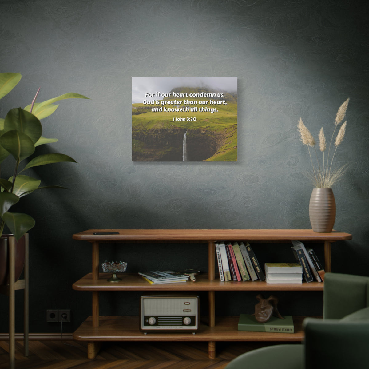Scripture Canvas God Is Greater 1 John 3:20 Christian Wall Art Bible Verse Print Ready to Hang