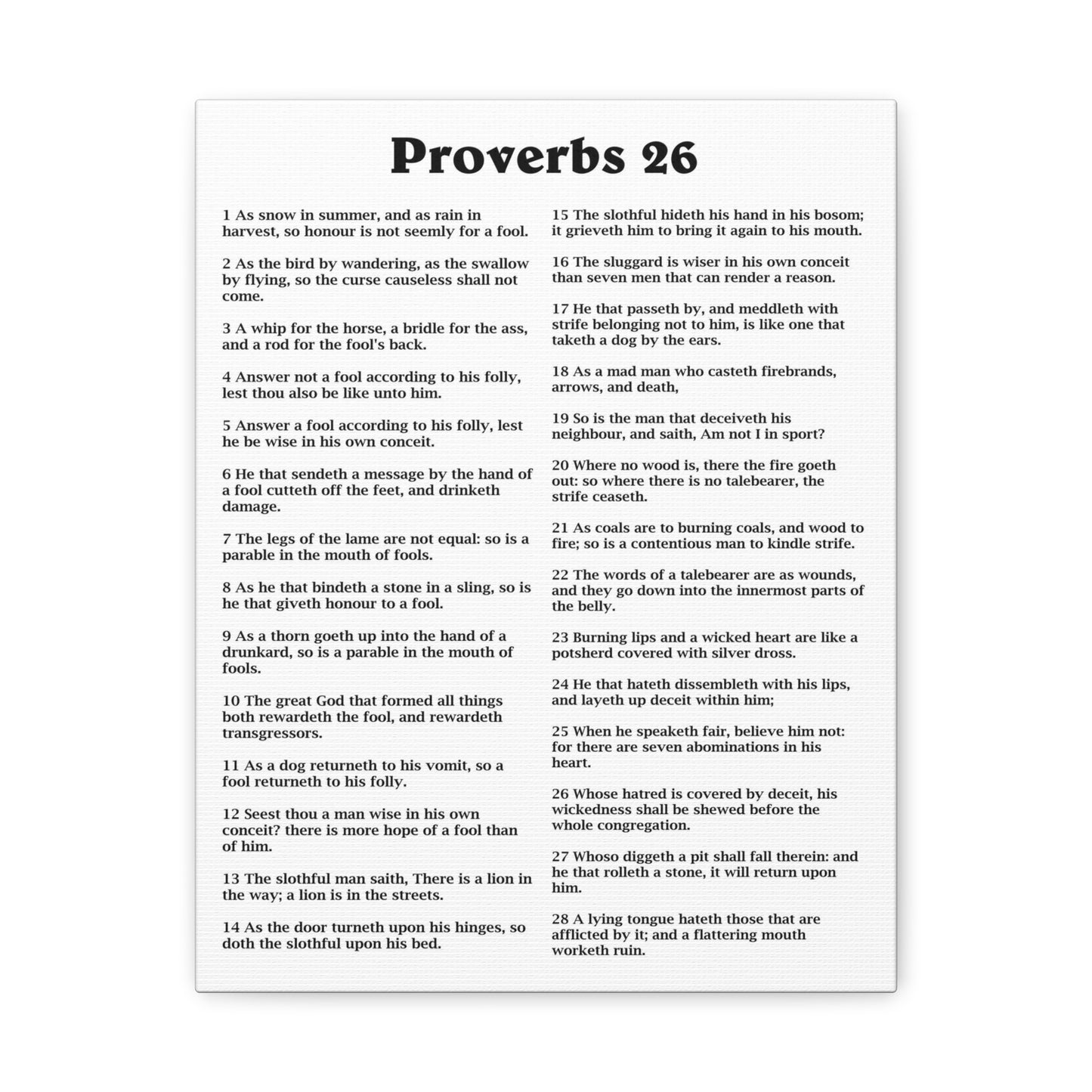Proverbs Chapter 26 White Bible Canvas Christian Wall Art Ready to Hang Unframed