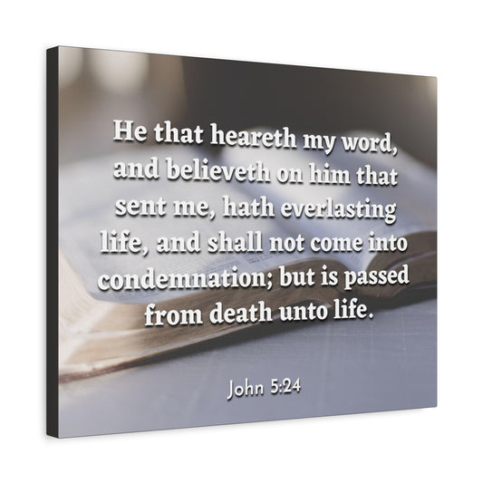 Scripture Canvas Everlasting Life John 5:24 Christian Wall Art Bible Verse Print Ready to Hang