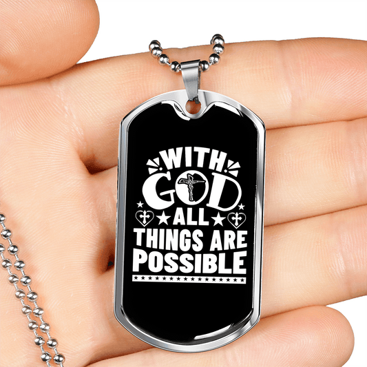 All Are Possible With God Necklace Stainless Steel or 18k Gold Dog Tag 24" Chain-Express Your Love Gifts