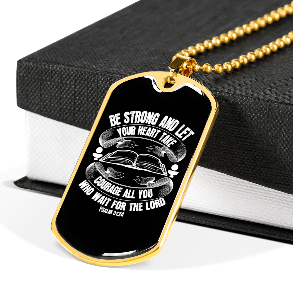 All Wait For The Lord Psalm 31:24 Necklace Stainless Steel or 18k Gold Dog Tag 24"-Express Your Love Gifts