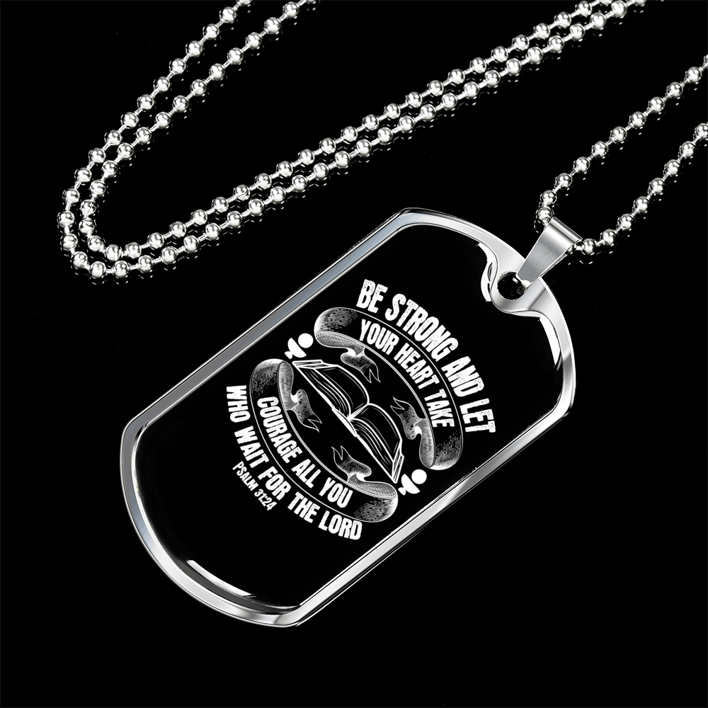 All Wait For The Lord Psalm 31:24 Necklace Stainless Steel or 18k Gold Dog Tag 24"-Express Your Love Gifts