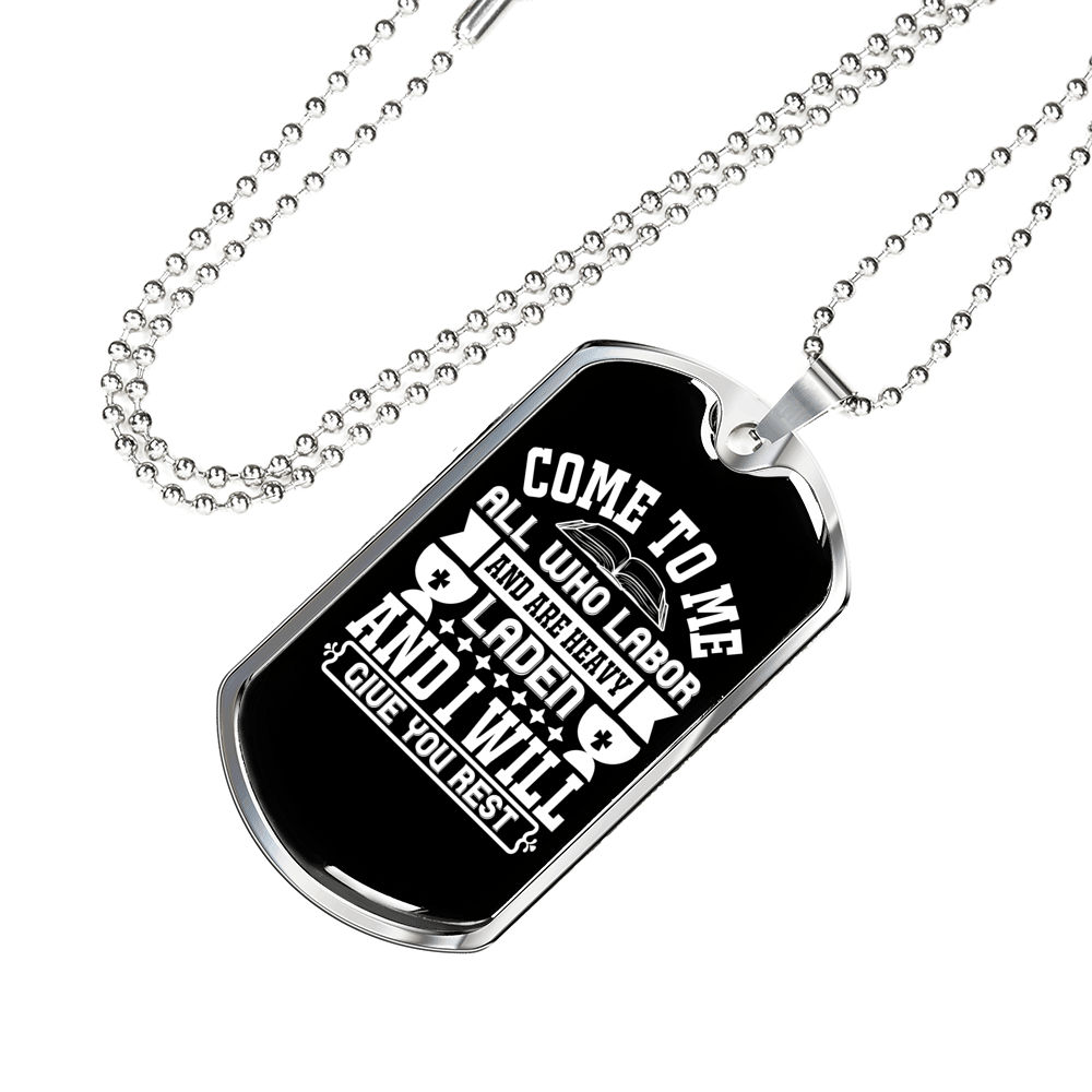 All Who Labor Matthew 11:28 Necklace Stainless Steel or 18k Gold Dog Tag 24" Chain-Express Your Love Gifts