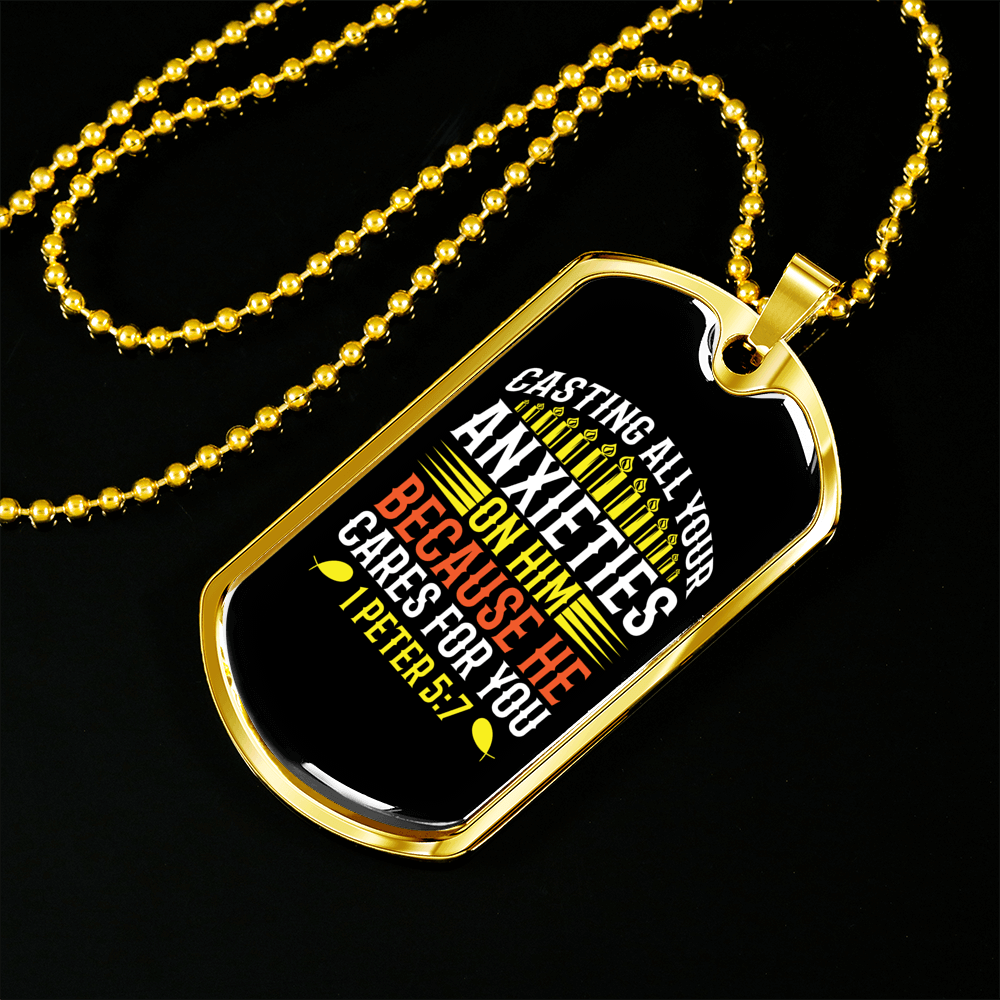 All Your Anxieties 1 Peter 5:7 Necklace Stainless Steel or 18k Gold Dog Tag 24" Chain-Express Your Love Gifts