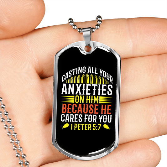 All Your Anxieties 1 Peter 5:7 Necklace Stainless Steel or 18k Gold Dog Tag 24" Chain-Express Your Love Gifts