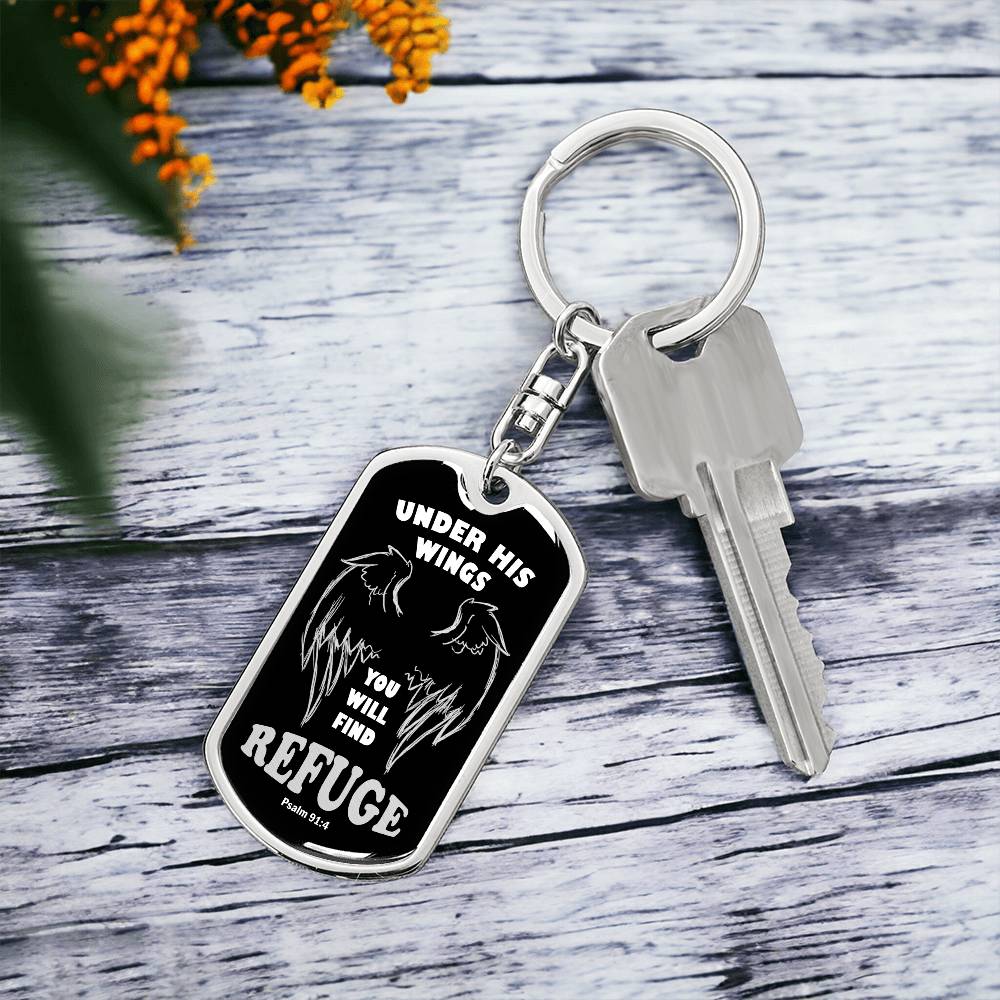 Psalm 91 Refuge Under His Wings Swivel Keychain Stainless Steel or 18k Gold Dog Tag-Express Your Love Gifts