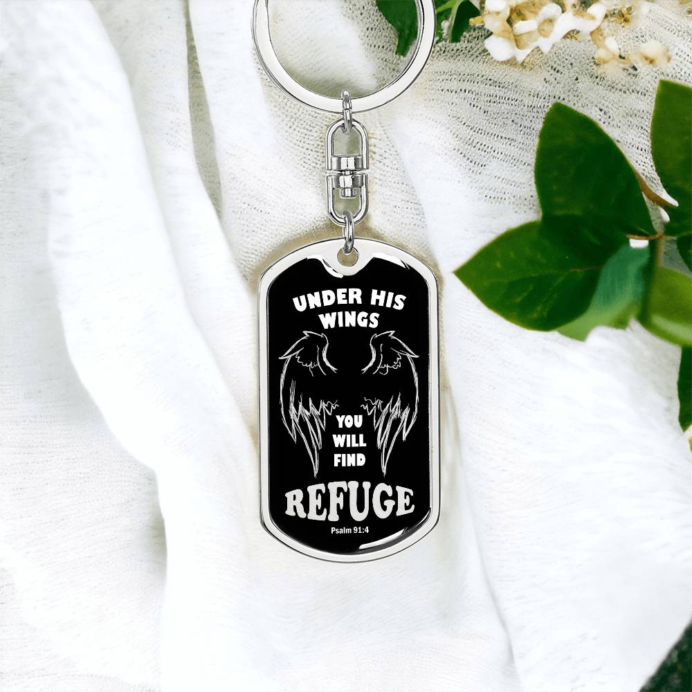 Psalm 91 Refuge Under His Wings Swivel Keychain Stainless Steel or 18k Gold Dog Tag-Express Your Love Gifts