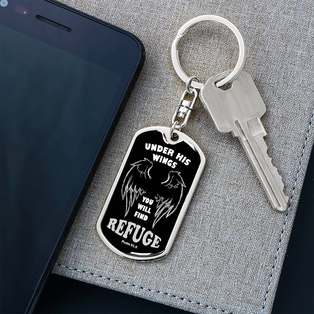 Psalm 91 Refuge Under His Wings Swivel Keychain Stainless Steel or 18k Gold Dog Tag-Express Your Love Gifts