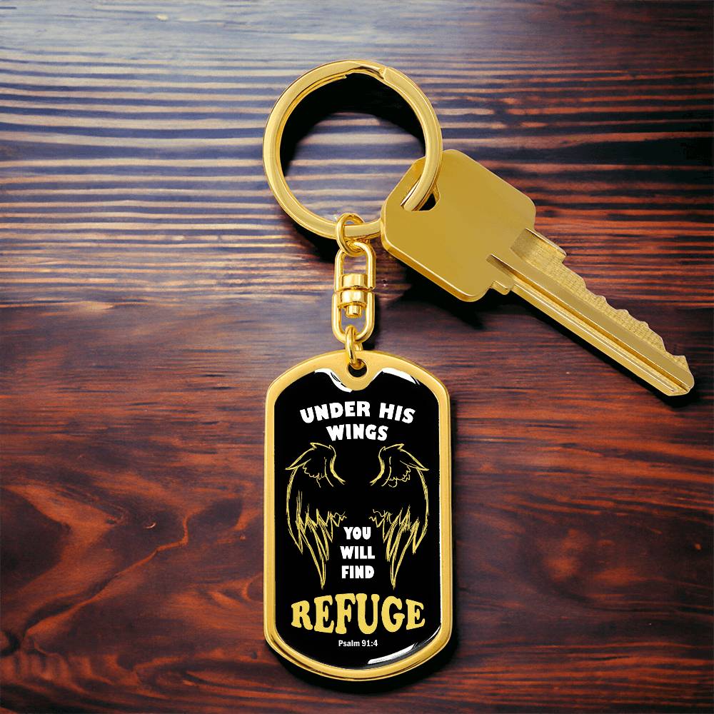 Psalm 91 Refuge Under His Wings Swivel Keychain Stainless Steel or 18k Gold Dog Tag-Express Your Love Gifts