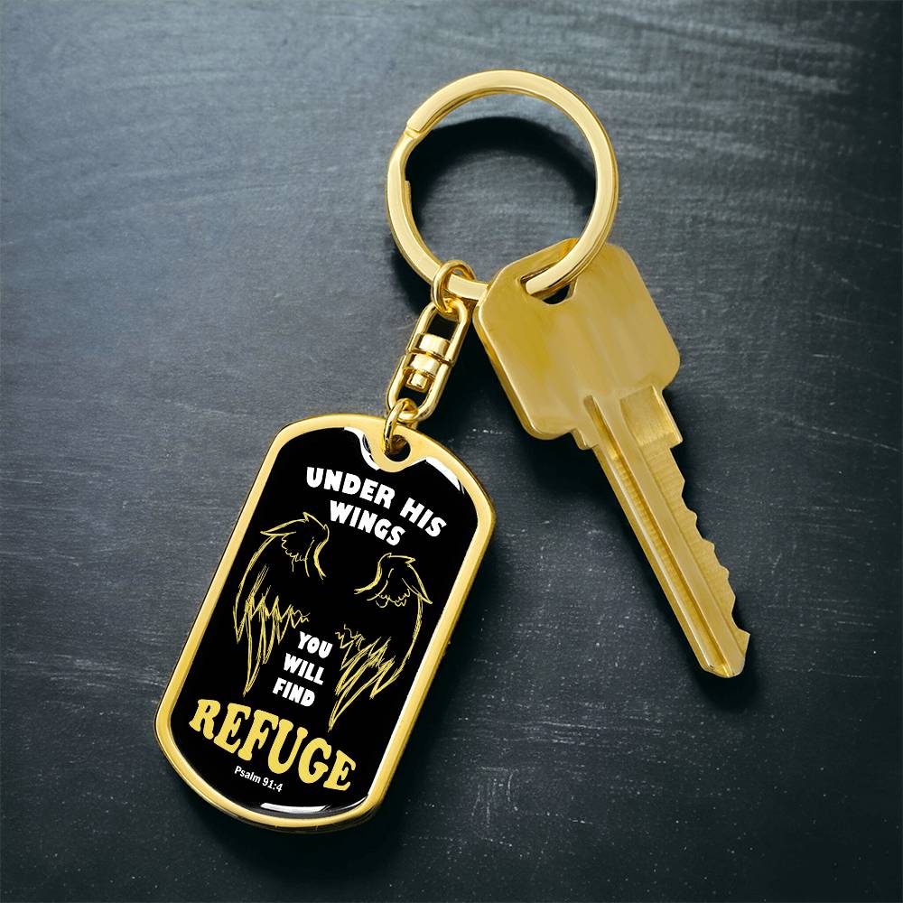 Psalm 91 Refuge Under His Wings Swivel Keychain Stainless Steel or 18k Gold Dog Tag-Express Your Love Gifts