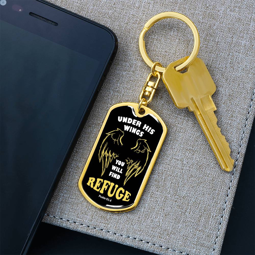 Psalm 91 Refuge Under His Wings Swivel Keychain Stainless Steel or 18k Gold Dog Tag-Express Your Love Gifts