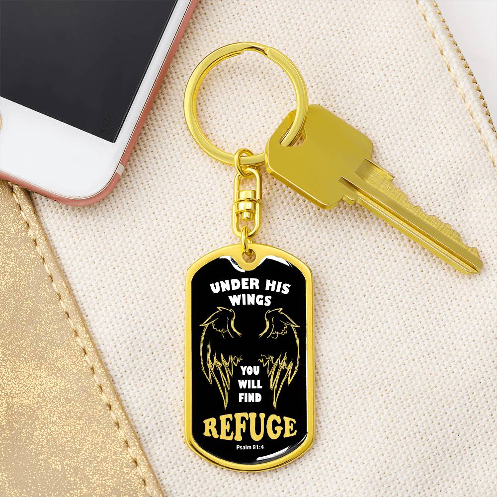 Psalm 91 Refuge Under His Wings Swivel Keychain Stainless Steel or 18k Gold Dog Tag-Express Your Love Gifts