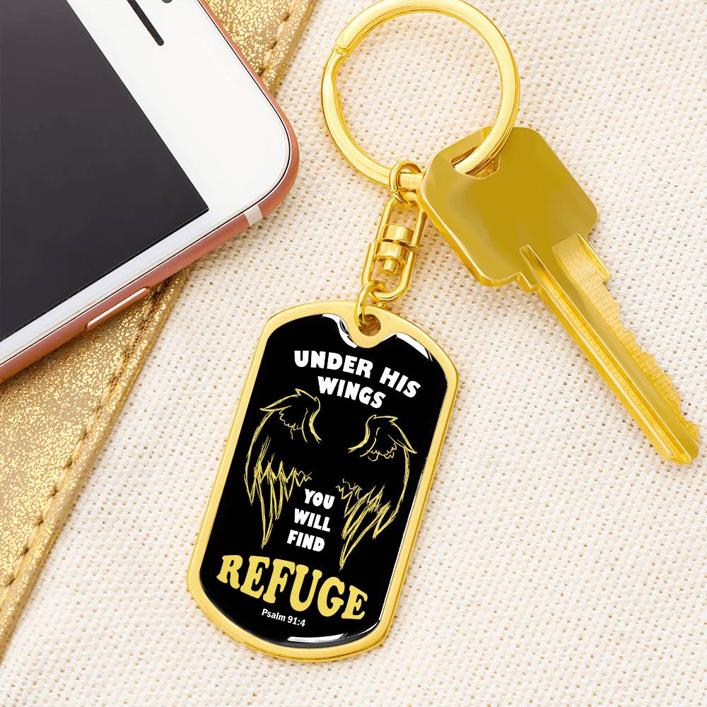 Psalm 91 Refuge Under His Wings Swivel Keychain Stainless Steel or 18k Gold Dog Tag-Express Your Love Gifts