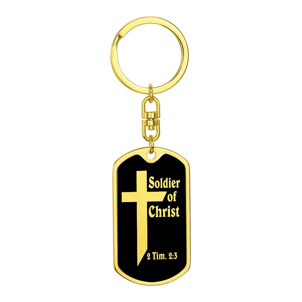 Soldier of Christ 2 Tim 2:3 Bible Keychain Stainless Steel or 18k Gold Dog Tag