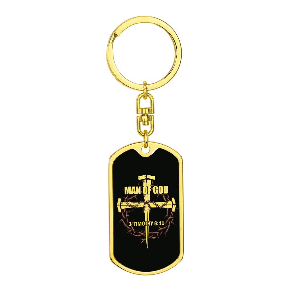 Man of God Cross Timothy Bible Keychain Stainless Steel or 18k Gold Dog Tag