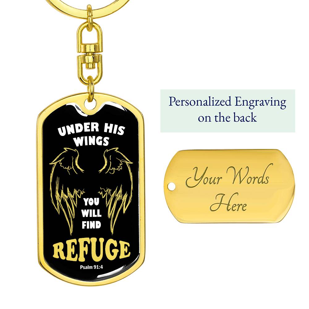 Psalm 91 Refuge Under His Wings Swivel Keychain Stainless Steel or 18k Gold Dog Tag-Express Your Love Gifts