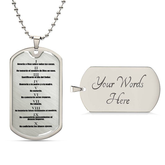 10 Commandments Spanish Clear Premium Stainless Steel or 18k Gold-Plated Dog Tag Necklace with 24" Chain