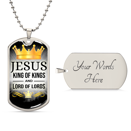 Jesus King Of Kings Premium Stainless Steel or 18k Gold Dog Tag Necklace with 24" Chain