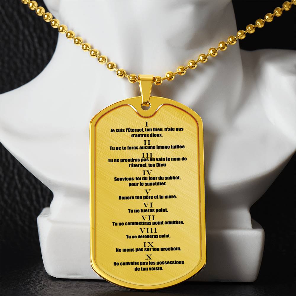 Ten Commandments French Necklace Dog Tag Stainless Steel or 18k Gold 24" Chain-Express Your Love Gifts