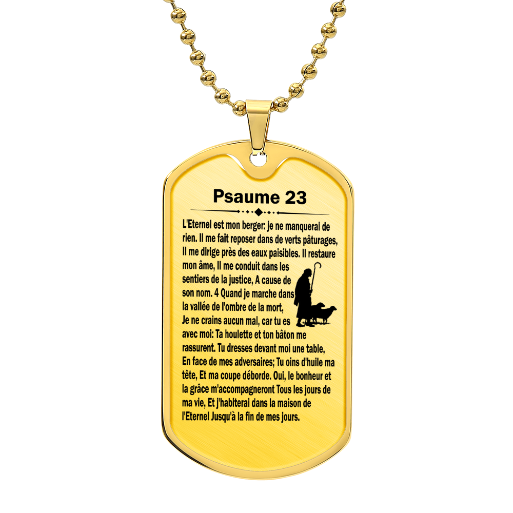 Psalm 23 French Psaume 23 Necklace Dog Tag Stainless Steel or 18k Gold w 24" Chain