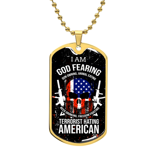 Skull of Freedom Patriot Necklace Stainless Steel or 18k Gold Dog Tag 24" Chain