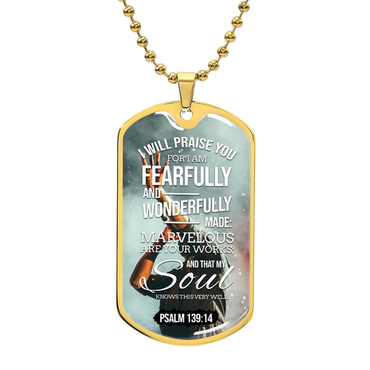 Wonderfully Made Bible Psalm Necklace Stainless Steel or 18k Gold Dog Tag w 24" Chain