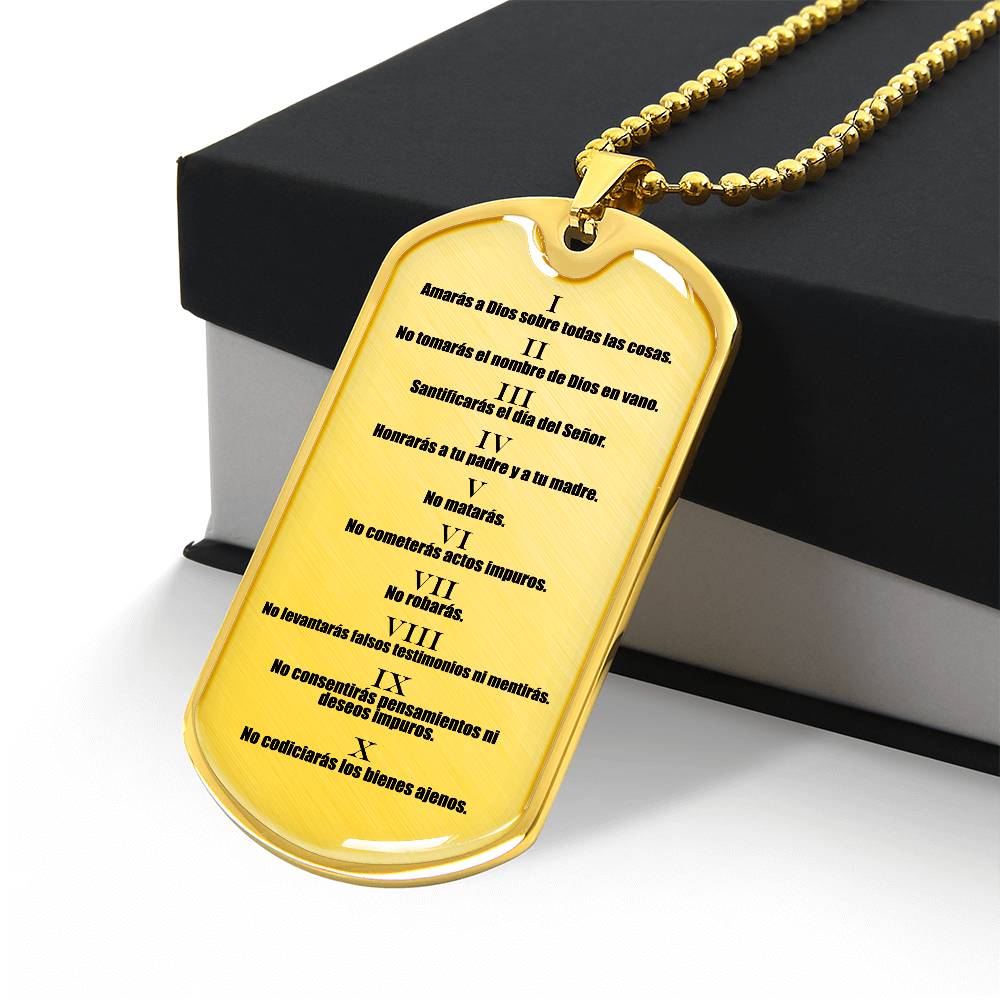 10 Commandments Spanish Clear Premium Stainless Steel or 18k Gold-Plated Dog Tag Necklace with 24" Chain