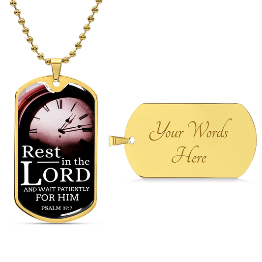 Wait and Rest in God's Presence Bible Verse Gift Psalm Necklace Stainless Steel or 18k Gold Dog Tag w 24" Chain