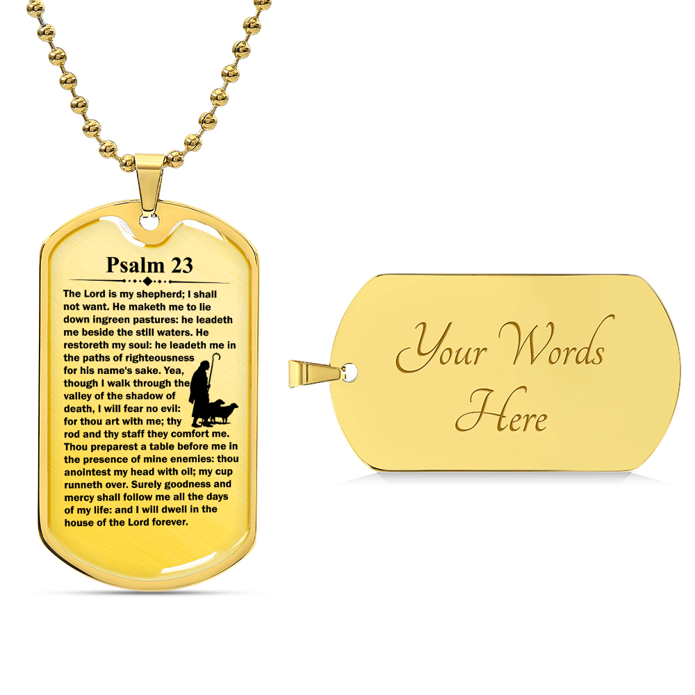 Psalm 23 English Premium Stainless Steel or 18k Gold Dog Tag Necklace with 24" Chain