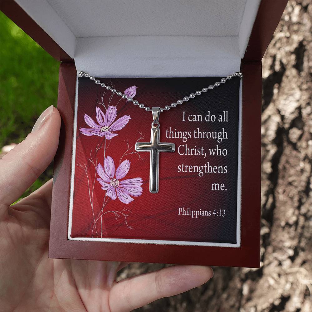 I Can Do All Things Philippians 4:13 Cross Necklace Message Card W Ball Chain Pendant