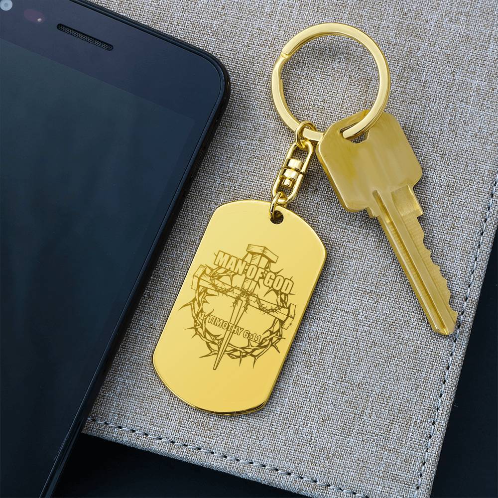 Man of God Cross 1 Timothy 6:11 Engraved Dog Tag Bible Keychain Stainless Steel or 18k Gold-Express Your Love Gifts