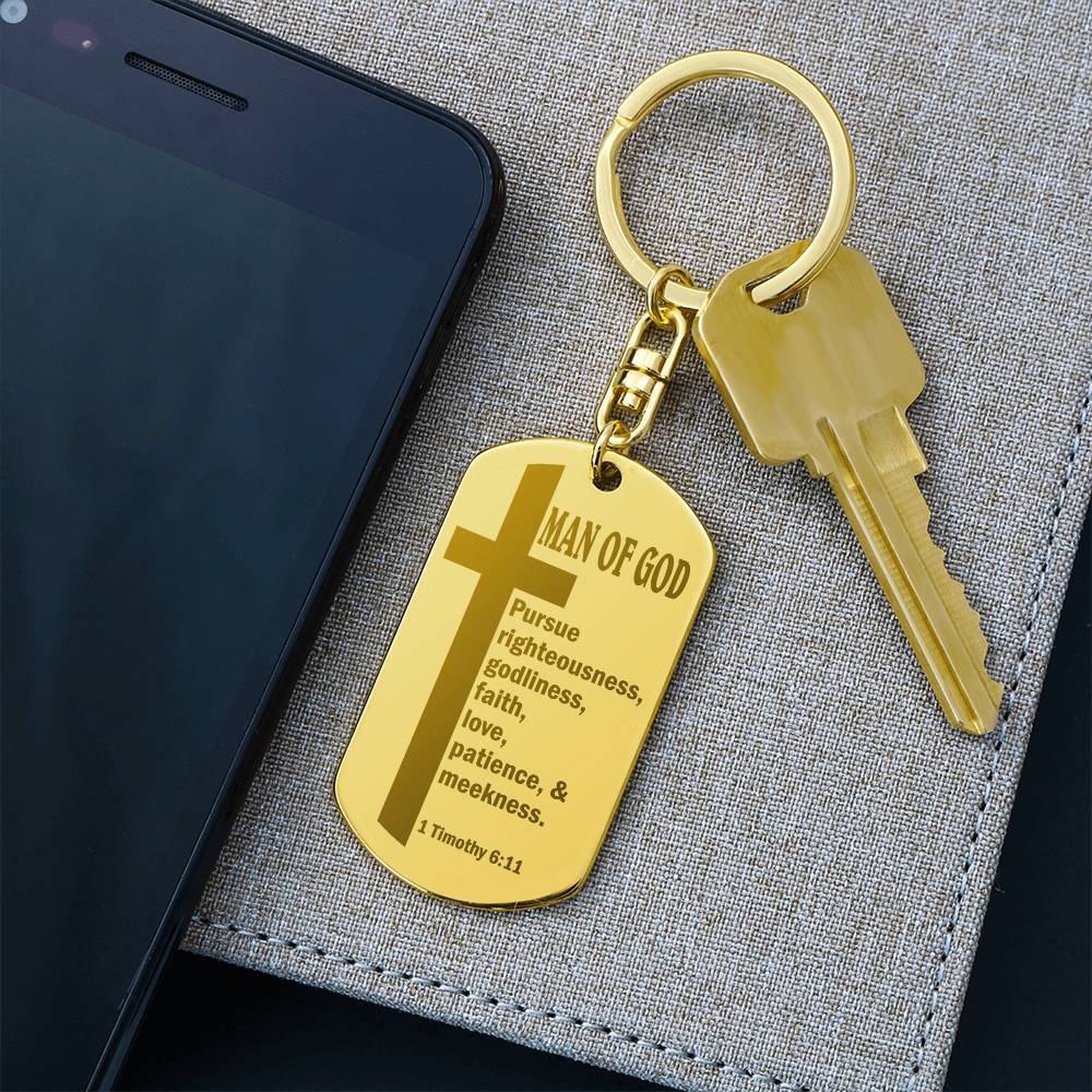Man of God Pursuing 1 Timothy 6:11 Engraved Dog Tag Bible Keychain Stainless Steel or 18k Gold-Express Your Love Gifts