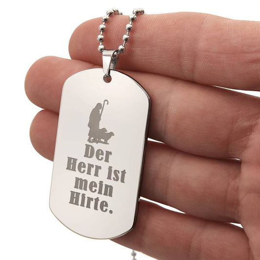 Lord is My Shephard Psalm 23 German Engraved Dog Tag Bible Necklace Stainless Steel or 18k Gold w 24" Chain