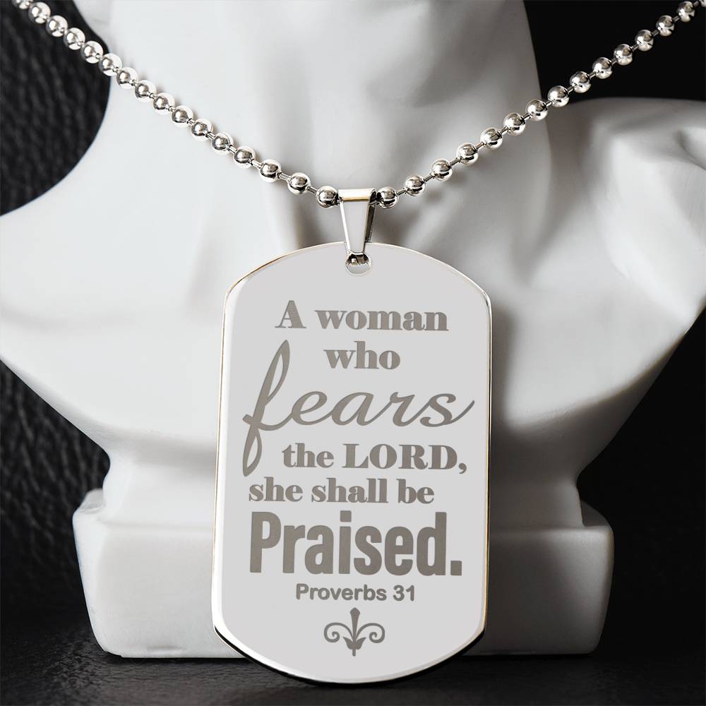 Proverbs 31 Woman of God Engraved Dog Tag Necklace Stainless Steel or 18k Gold w 24" Chain-Express Your Love Gifts