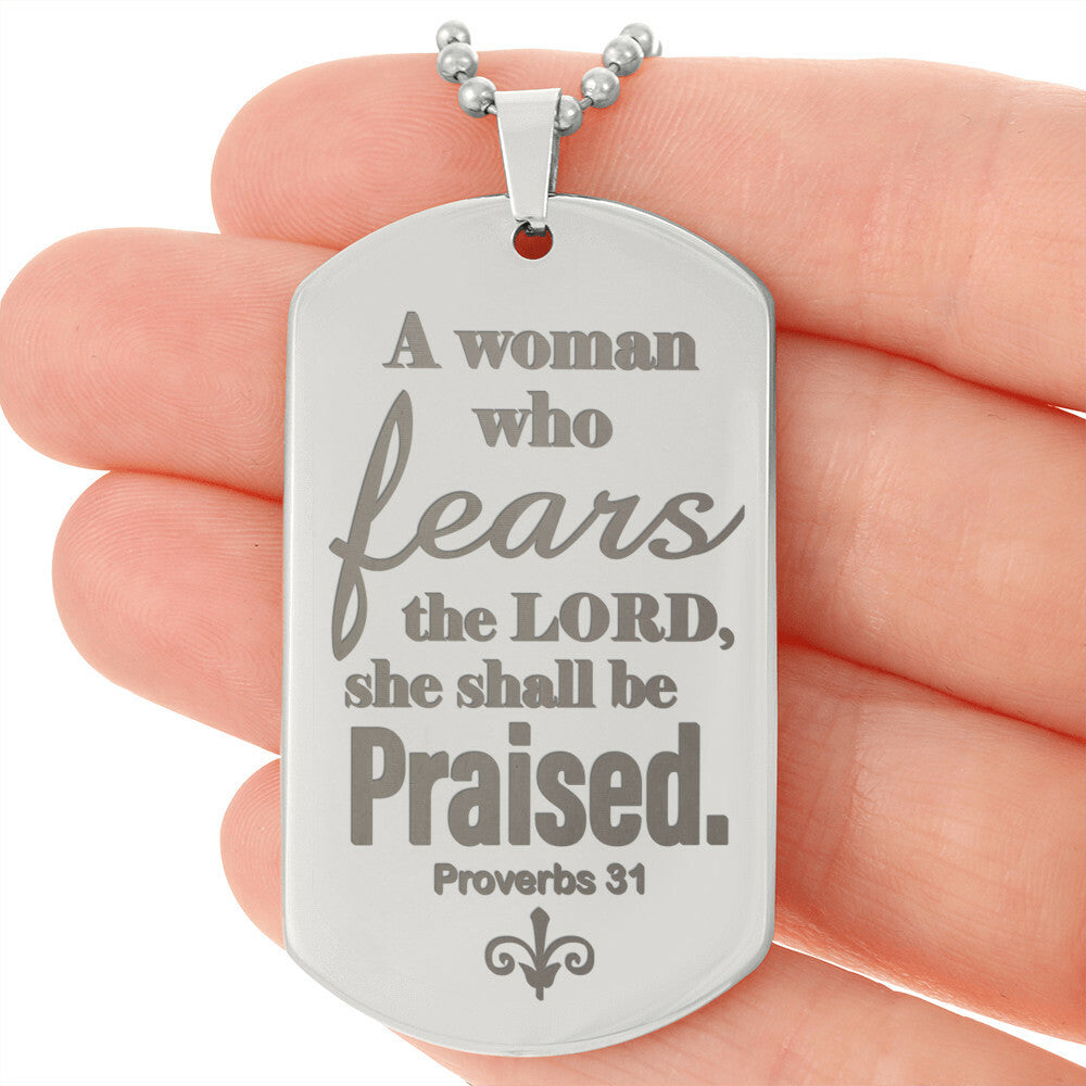 Proverbs 31 Woman of God Engraved Dog Tag Necklace Stainless Steel or 18k Gold w 24" Chain-Express Your Love Gifts