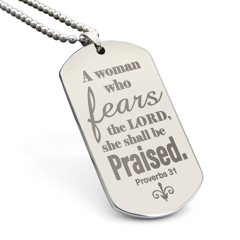 Proverbs 31 Woman of God Engraved Dog Tag Necklace Stainless Steel or 18k Gold w 24" Chain-Express Your Love Gifts